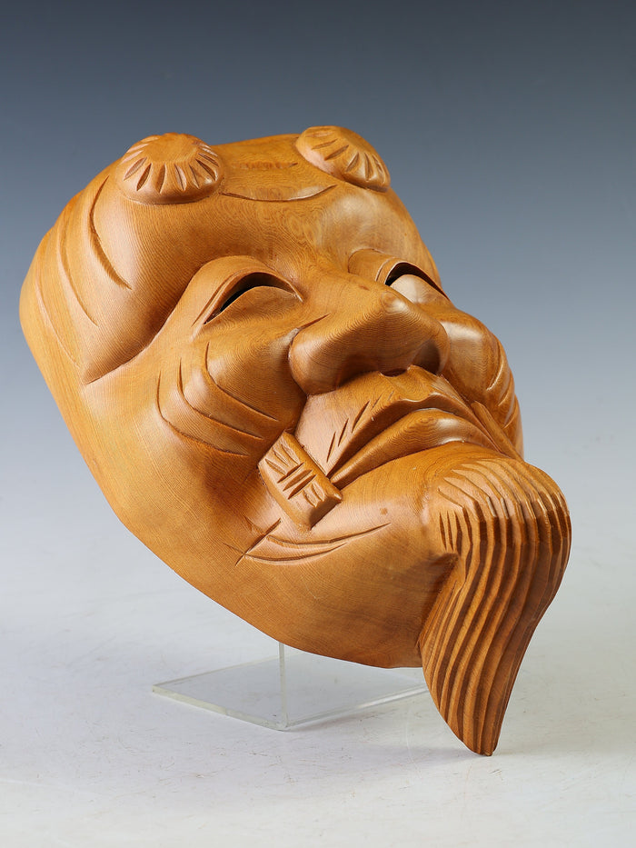 Vintage Japanese Hinoki Wooden Noh Mask Okina -With Box