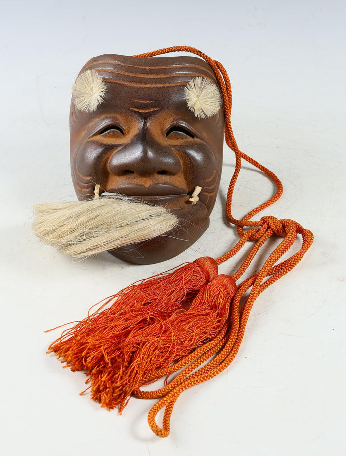 Vintage Japanese Iron Noh Mask  Okina with Wooden Box, Early Showa