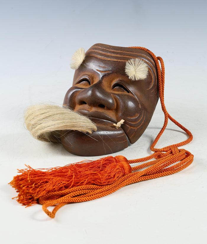 Vintage Japanese Iron Noh Mask  Okina with Wooden Box, Early Showa