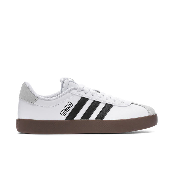 Women's white adidas VL Court 3.0 sneakers with black 3-Stripes and brown gum sole