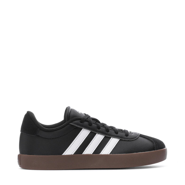 Black youth court sneakers with white adidas stripes and gum-brown sole
