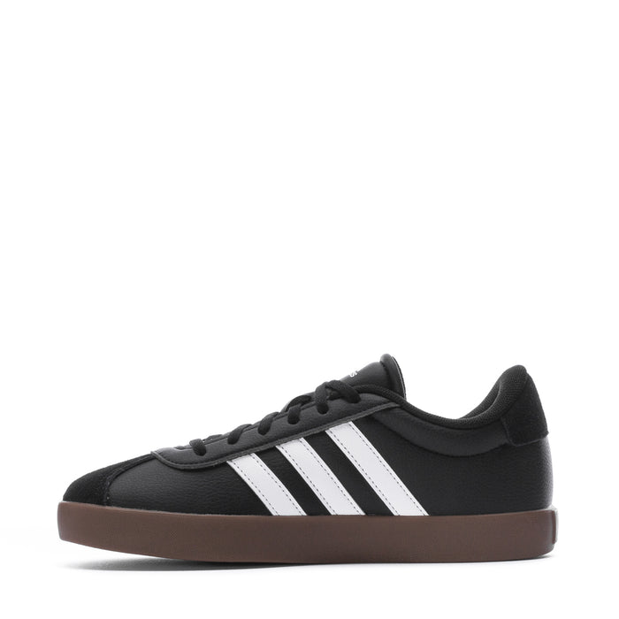 Black youth court sneaker, side profile with three white stripes and lace-up