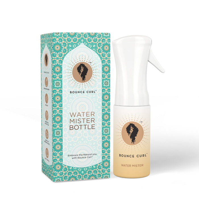 Bounce Curl continuous mist spray bottle with teal patterned box on a white background.