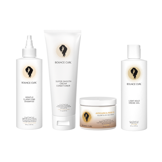 Bounce Curl Wavy Curly Define Complete Kit with product bottles lined up next to each other