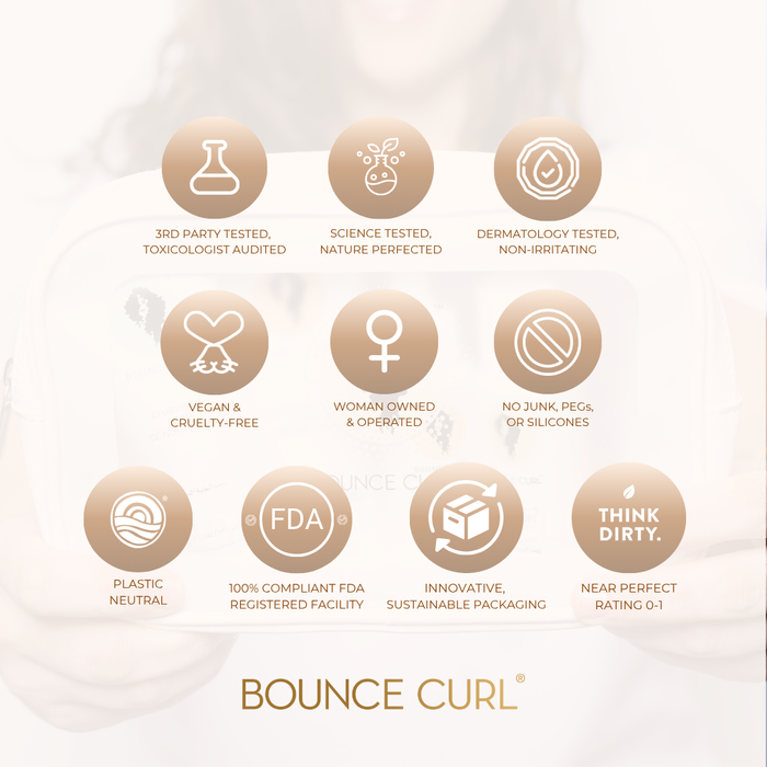 Bounce Curl nine product swatches in a labeled 3x3 grid on a clear tray, hands behind.