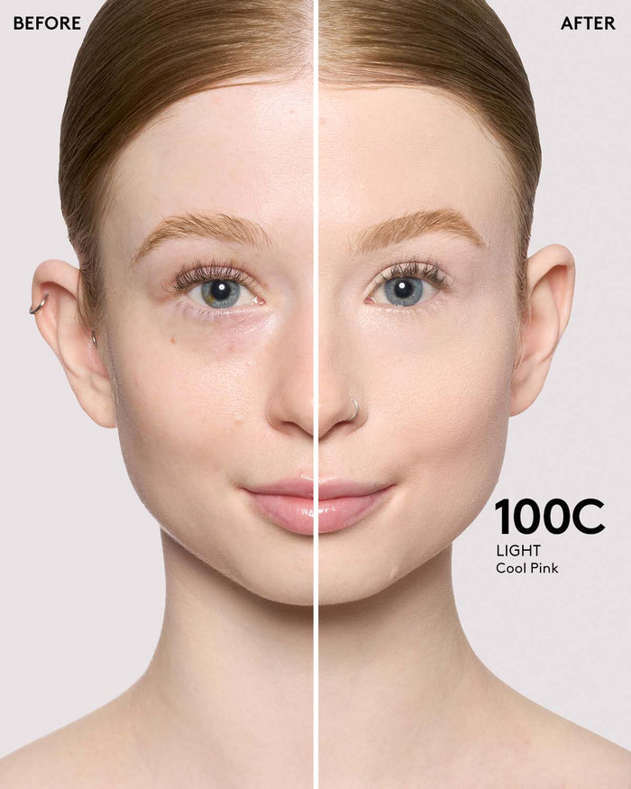 before and after of light skin toned model in we're even concealer