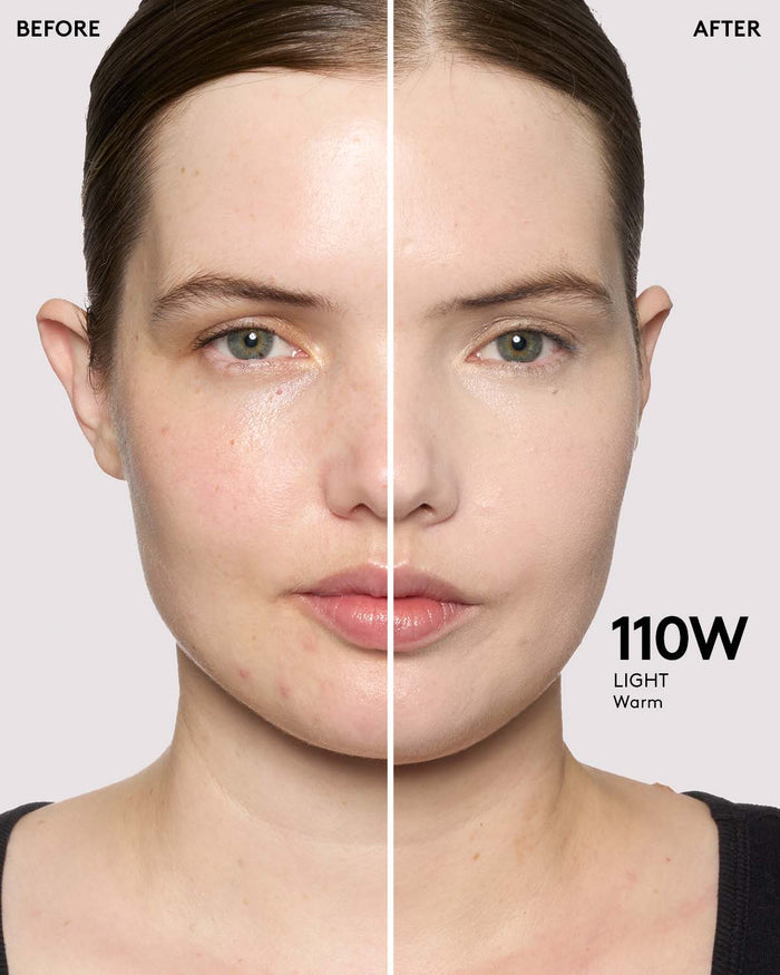 before and after of light skin toned model in we're even concealer