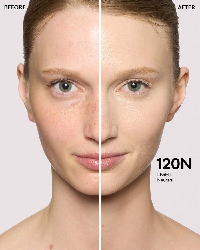 before and after of light skin toned model in we're even concealer