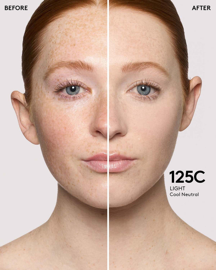 before and after of light skin toned model in we're even concealer