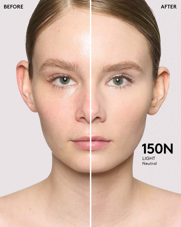 before and after of light skin toned model in we're even concealer
