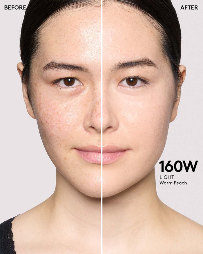 before and after of light skin toned model in we're even concealer