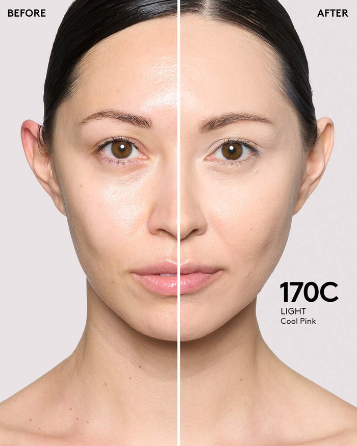 before and after of light skin toned model in we're even concealer