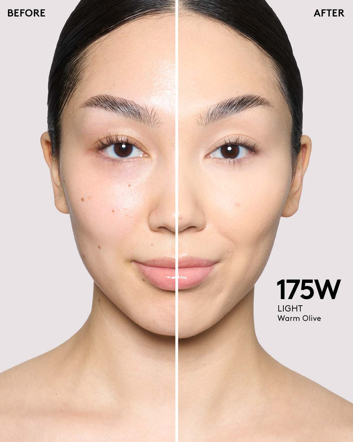 before and after of light skin toned model in we're even concealer