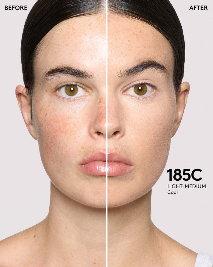 before and after of light skin toned model in we're even concealer
