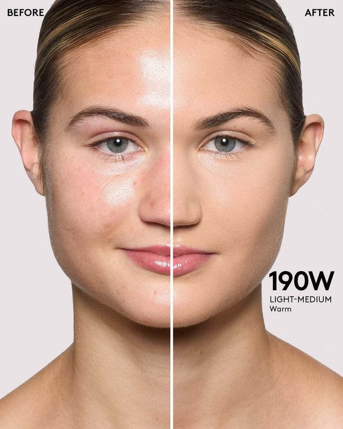 before and after of light skin toned model in we're even concealer