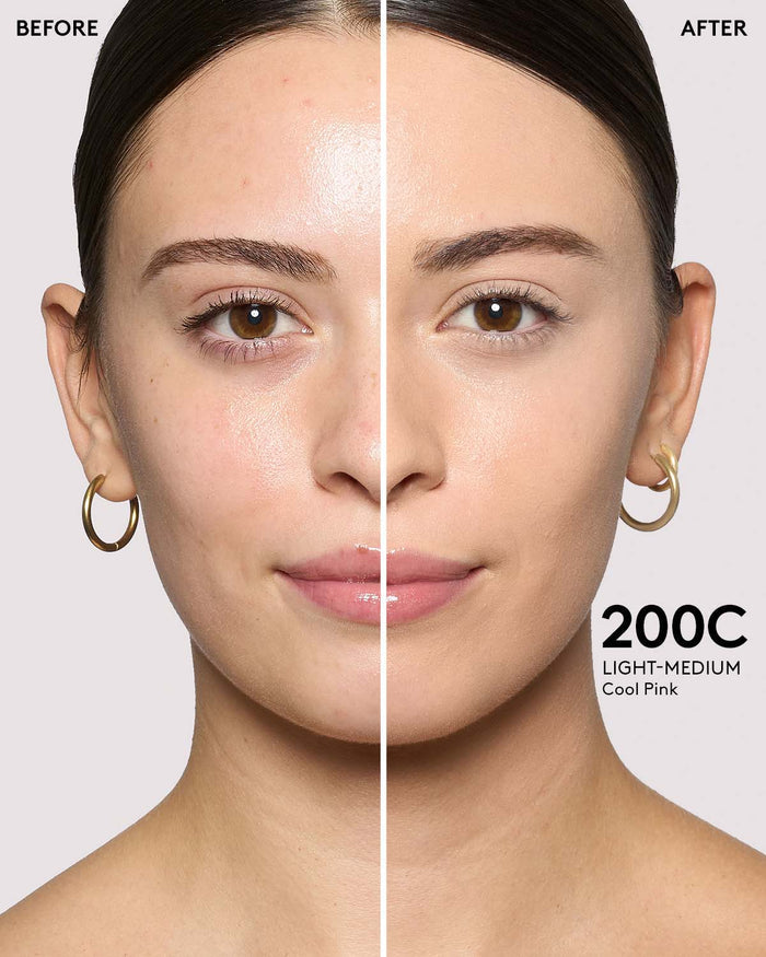 before and after of light skin toned model in we're even concealer