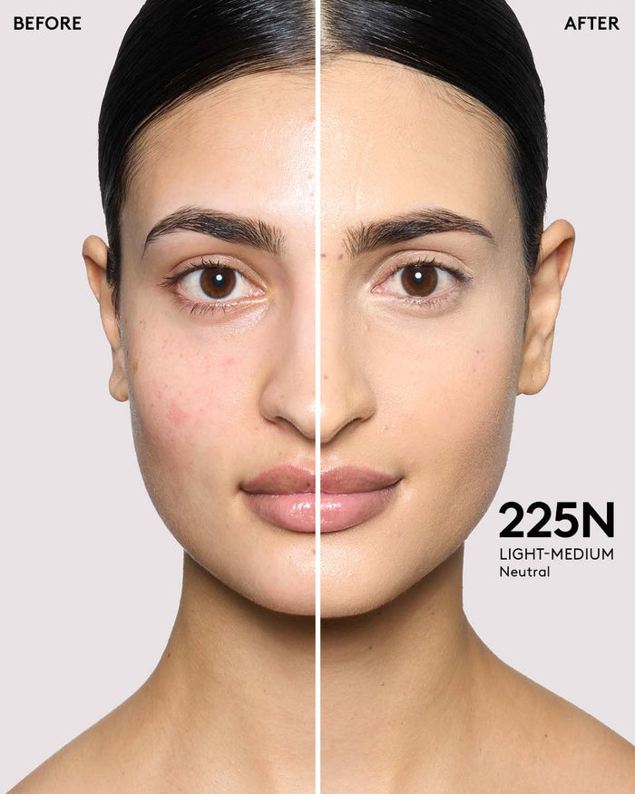 before and after of light skin toned model in we're even concealer