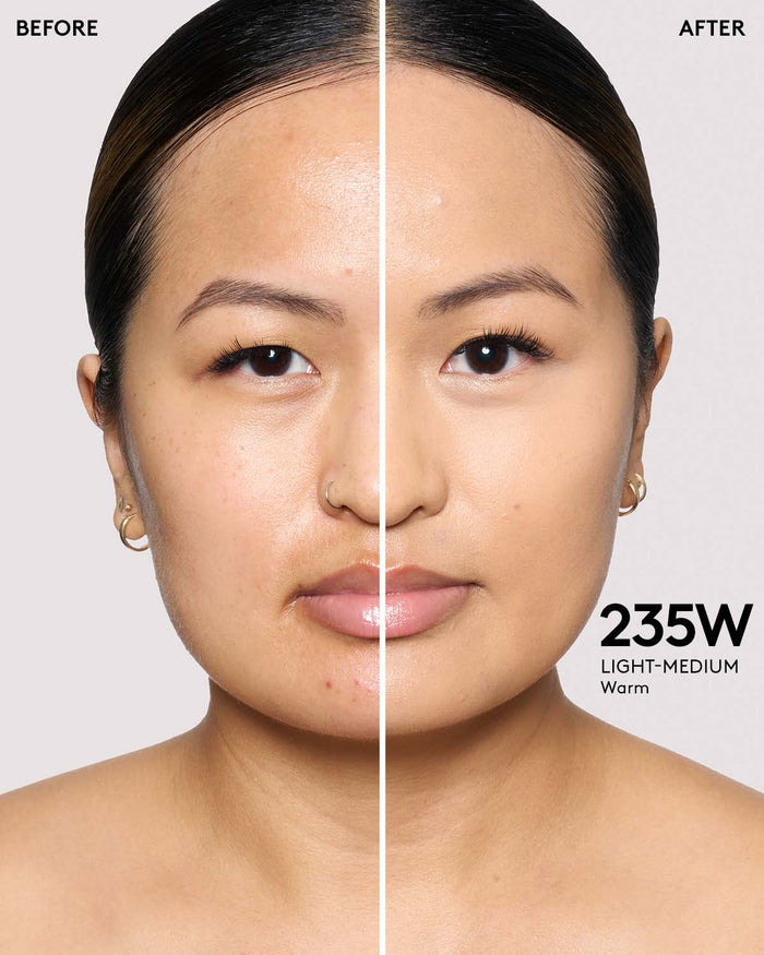 before and after of light skin toned model in we're even concealer