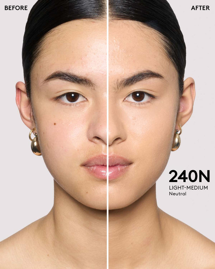 before and after of light skin toned model in we're even concealer