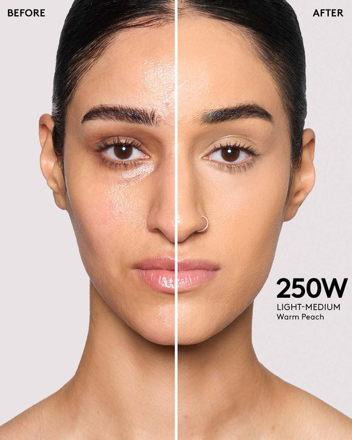 before and after of light skin toned model in we're even concealer