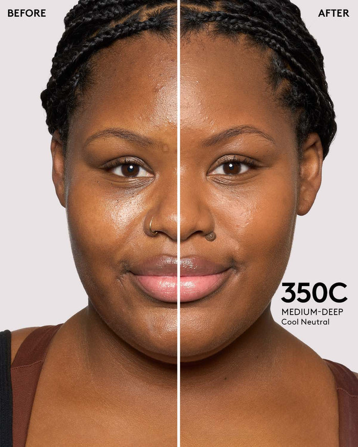 Before and after of medium - deep skin tone model.