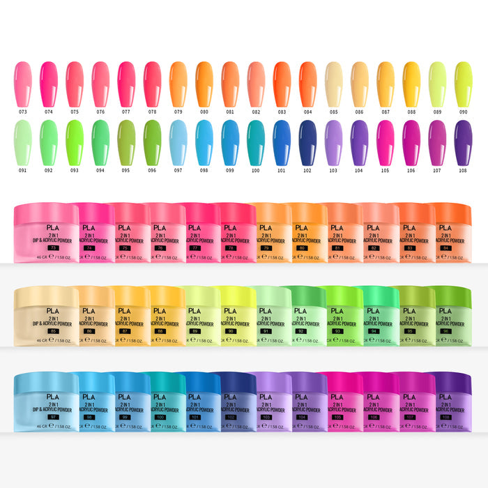 Nail tip color swatches with corresponding jars on a white background