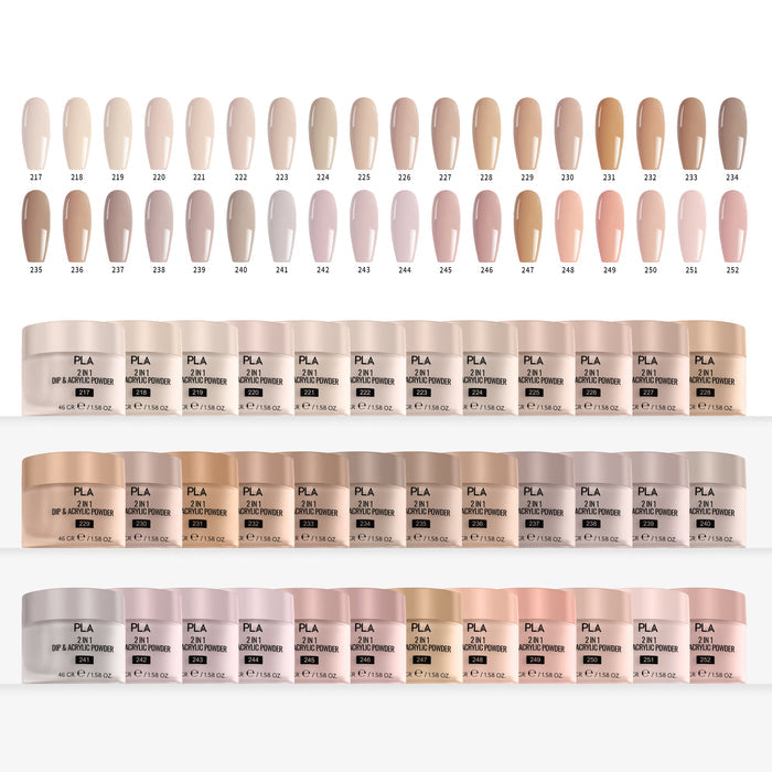 Collection of nail tip color swatches and jars on a white background