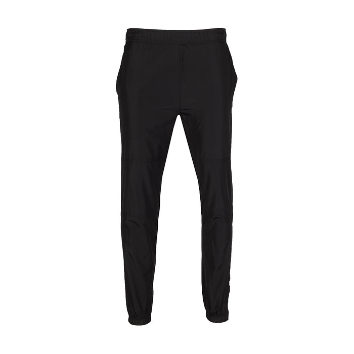 Black wind pants with elastic waistband and tapered legs
