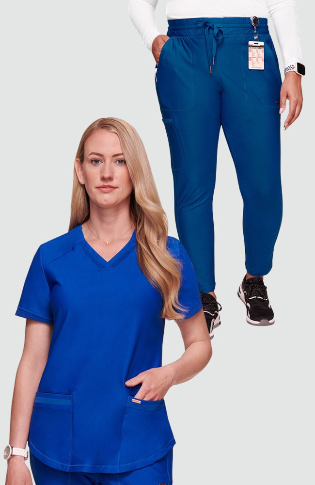 Women's Scrub Set: Curved Hemline V-Neck Scrub Top & Mid Rise Tapered Leg Drawstring Scrub Pant