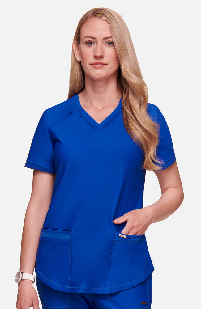 Women's Scrub Set: Curved Hemline V-Neck Scrub Top & Mid Rise Tapered Leg Drawstring Scrub Pant