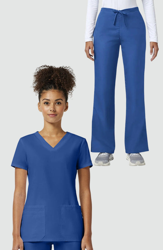 Women's Scrub Set: Knit V-Neck Solid Scrub Top & Natural Rise Flare Leg Drawstring Pant