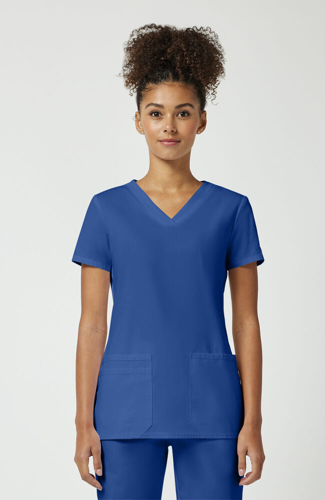 Women's Scrub Set: Knit V-Neck Solid Scrub Top & Natural Rise Flare Leg Drawstring Pant