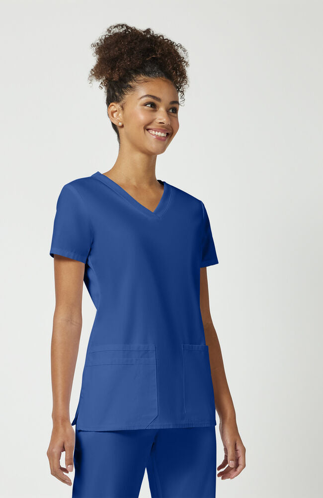 Women's Scrub Set: Knit V-Neck Solid Scrub Top & Natural Rise Flare Leg Drawstring Pant