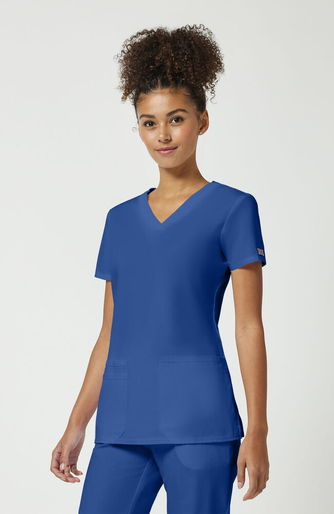 Women's Scrub Set: Knit V-Neck Solid Scrub Top & Natural Rise Flare Leg Drawstring Pant