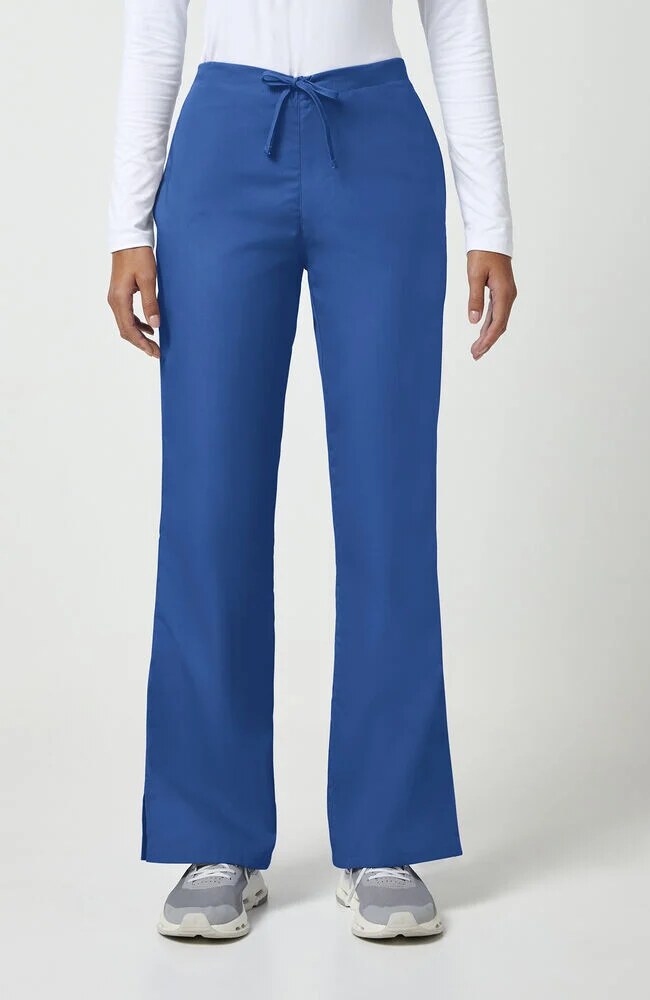 Women's Scrub Set: Knit V-Neck Solid Scrub Top & Natural Rise Flare Leg Drawstring Pant
