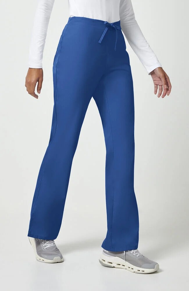 Women's Scrub Set: Knit V-Neck Solid Scrub Top & Natural Rise Flare Leg Drawstring Pant
