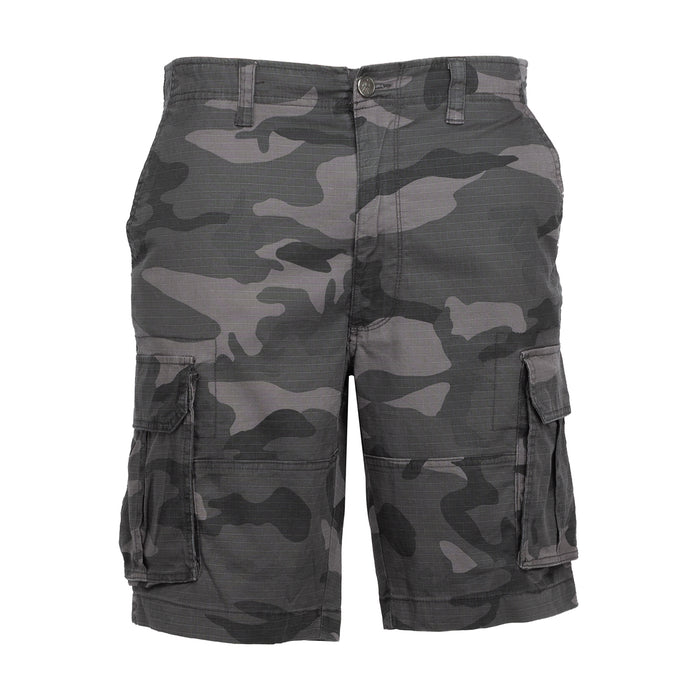 Men's camouflage cargo shorts with front zip and button, side cargo pockets