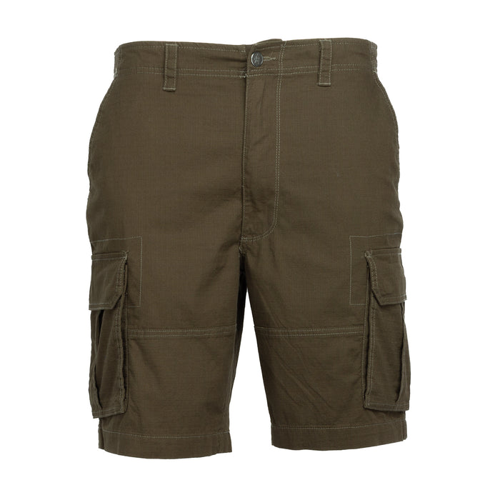 Olive woven twill ripstop cargo shorts with belt loops and button closure, side pockets