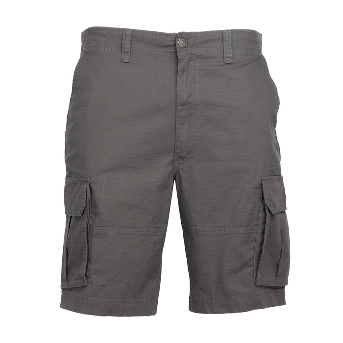 Men's gray woven ripstop cargo shorts with front pockets and side cargo flap pockets