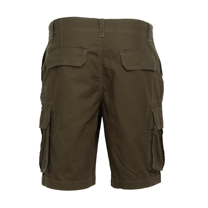 Olive woven twill ripstop cargo shorts with belt loops and rear cargo pockets