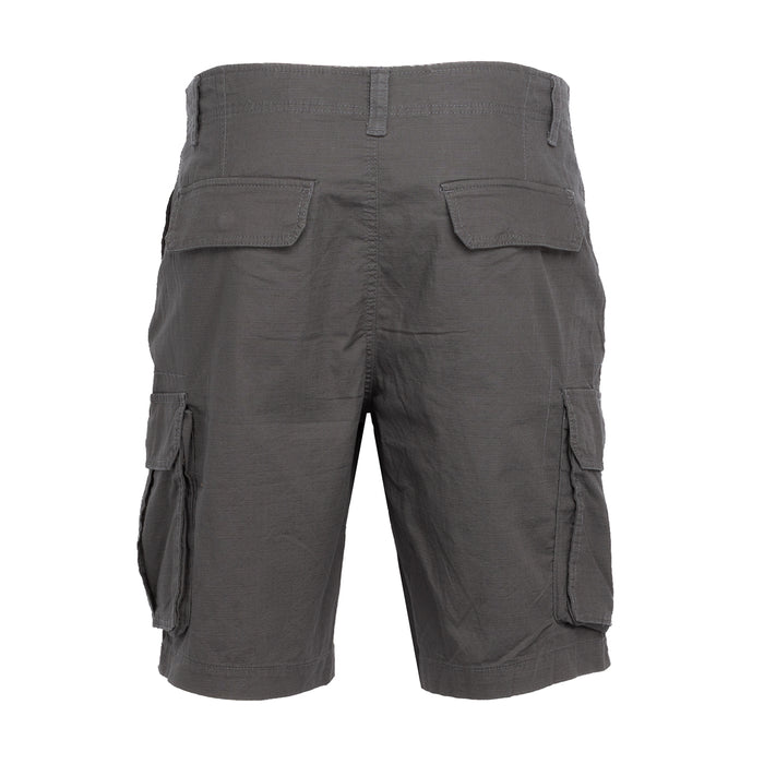 Men's gray woven ripstop cargo shorts, back view with two patch pockets and side cargo
