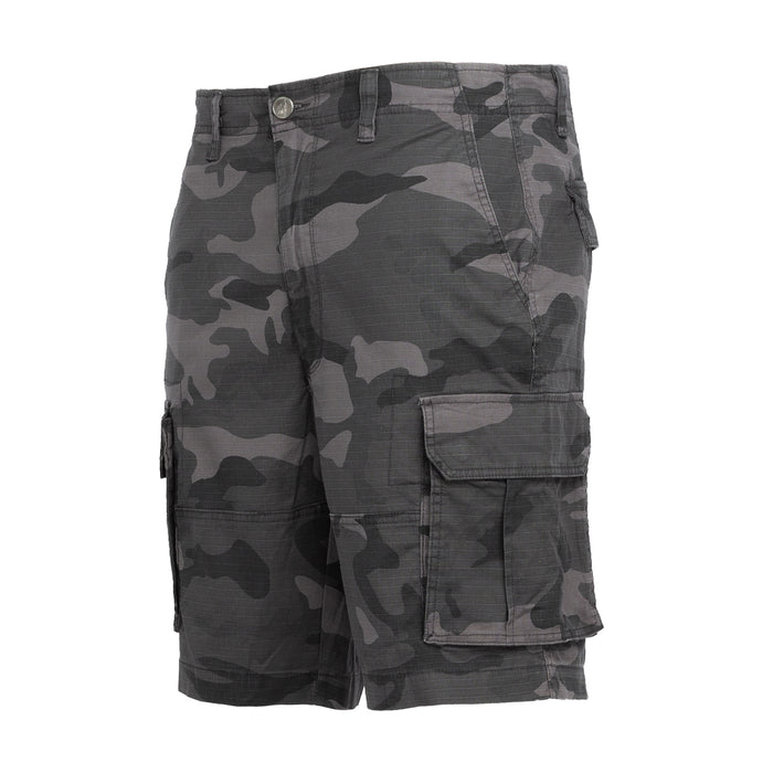 Men's camouflage cargo shorts with flap pocket on the right leg