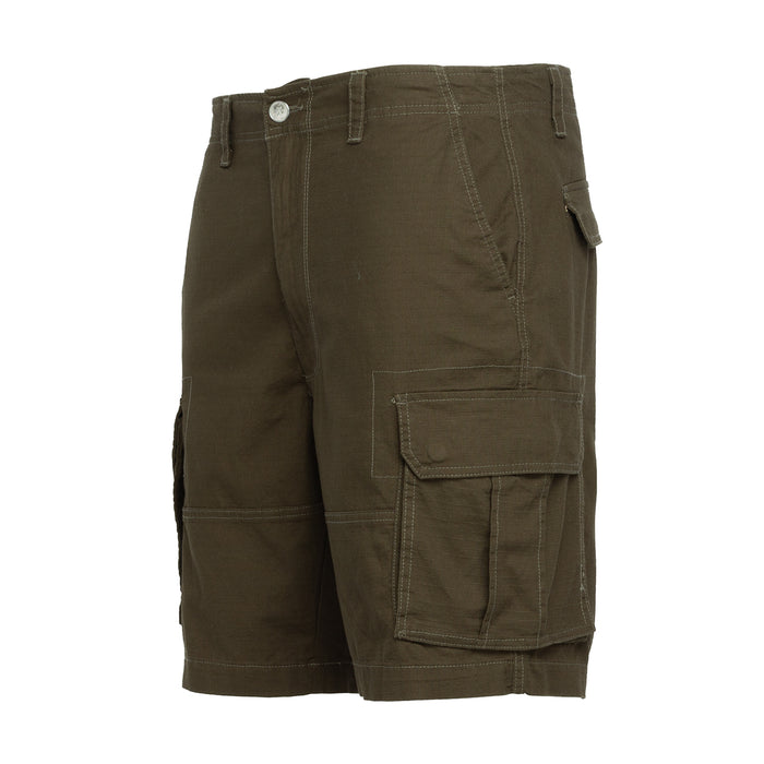 Olive woven twill ripstop cargo shorts with side cargo pocket and stitched seams