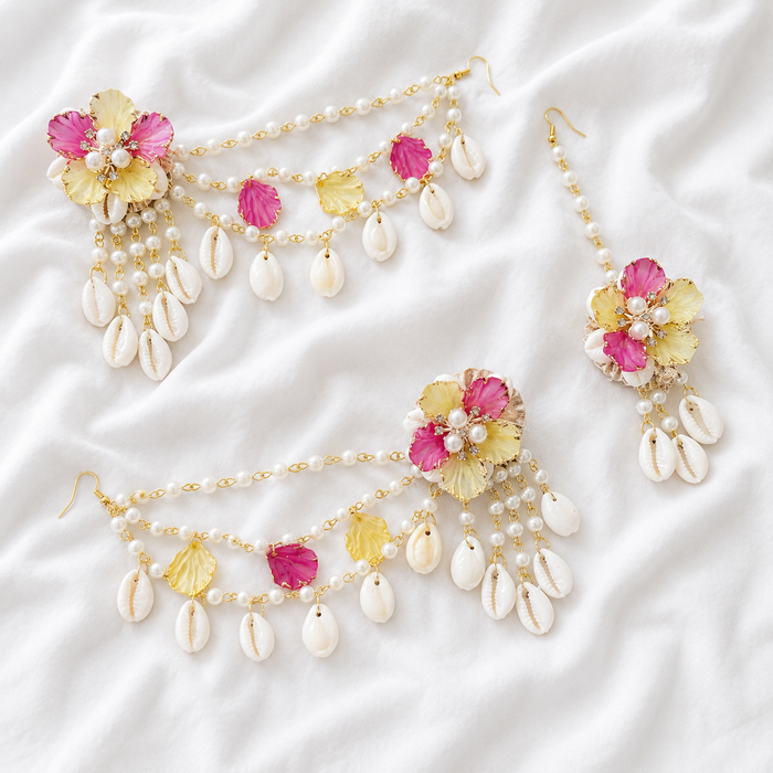 Yellow Pink Shells Earring Tikka Set