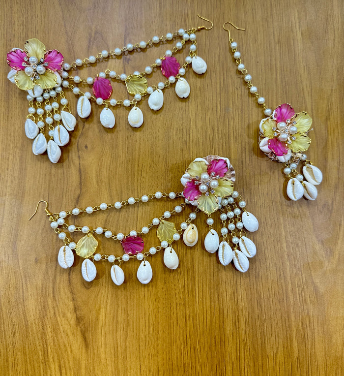 Yellow Pink Shells Earring Tikka Set