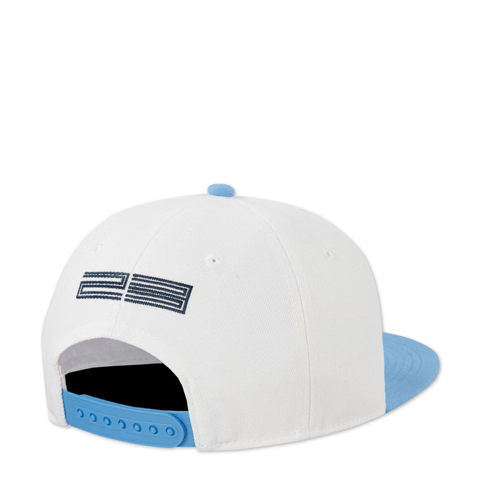 Youth snapback cap, white front panel with flag-style Jordan logo and blue side brim