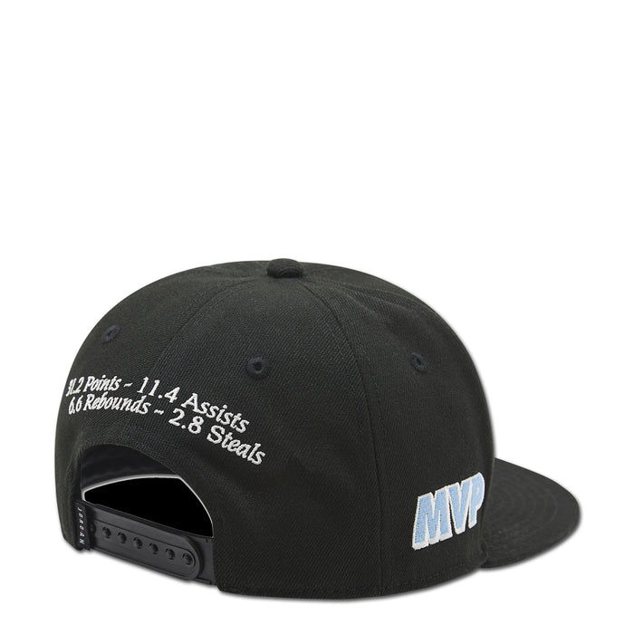 Youth black snapback cap with white stats text and blue MVP patch on side