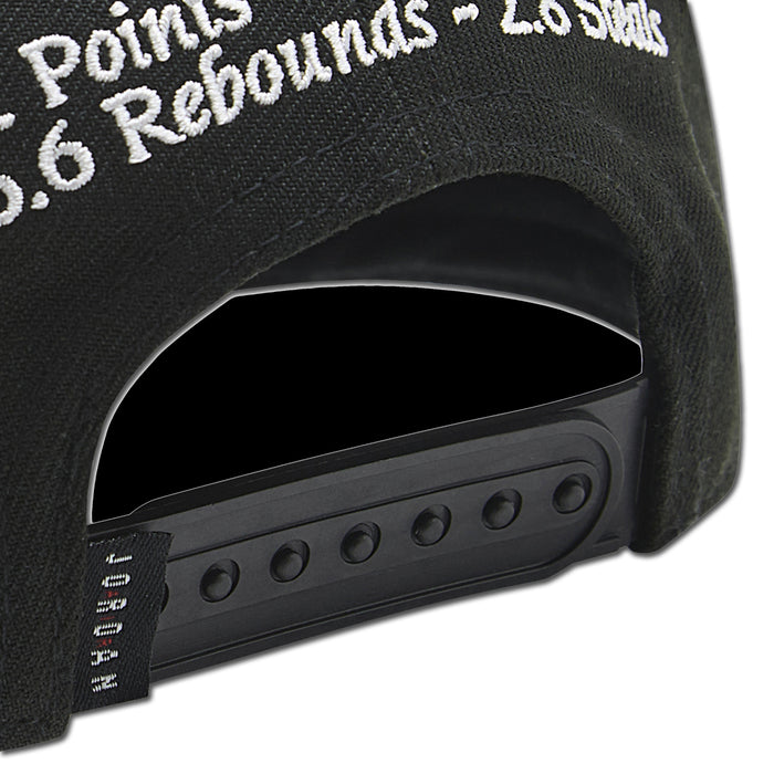 Black snapback cap front close-up with white embroidered stats and black ventilation panel