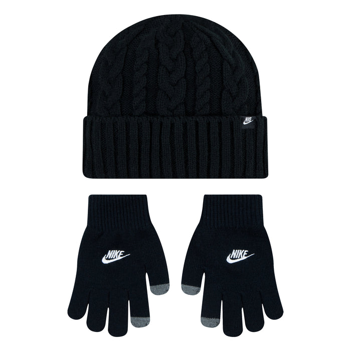 Youth beanie and glove set, black cable knit with ribbed cuffs and Nike logos