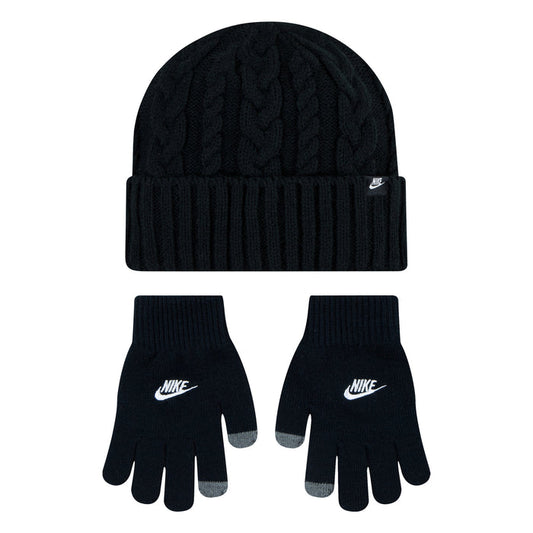 Youth beanie and glove set, black cable knit with ribbed cuffs and Nike logos